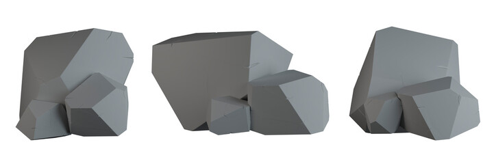 A set of gray stones on a white background. Grey rocks with cracks. 3d render