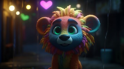 Cute lion with jacket in cartoon style on white background. Cute safari wildlife animal. Animal character design. Isolated background. Baby clothing. Cartoon  illustration.