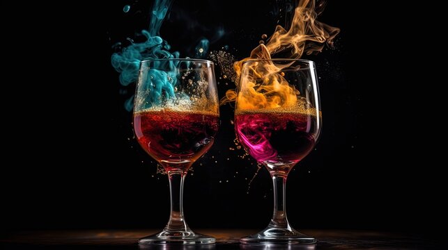 two wine glasses with smoke flame or energy emerge from inside, Generative Ai