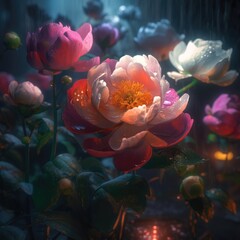 beautiful wild meadow flowers on nature dark background. Vintage outdoor photo. .Created with generative AI