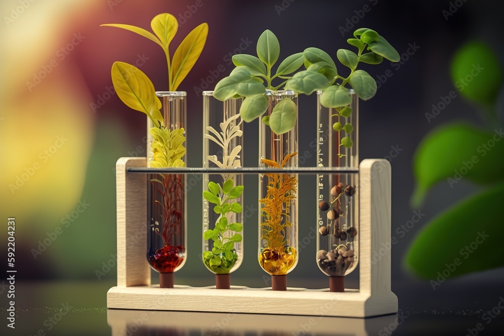 Poster plants in test tubes on a hazy backdrop generative ai