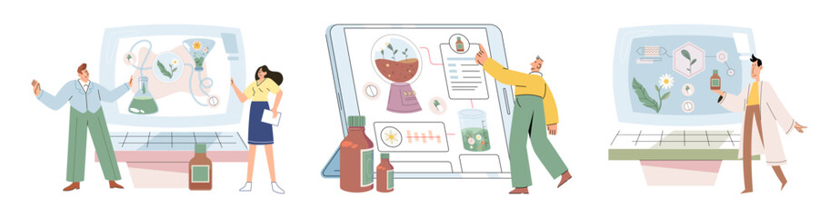 Natural herbal medication researches in laboratory. Traditional medicine concept. Scientist doctors characters make drugs of medical plants, herbal ingredients, extracts, preparing homeopathic recipes