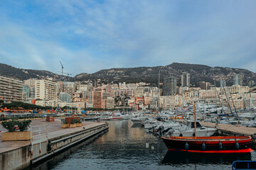Monaco, Monaco - 28.12.2021 : Port Hercule and the beautiful facades of the Principality of Monaco