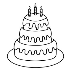 Birthday cake decorated with candles. Sketch. Three tiered dessert on a platter. Vector illustration. The festive treat is covered with flowing icing. Doodle style. Outline on isolated background. 