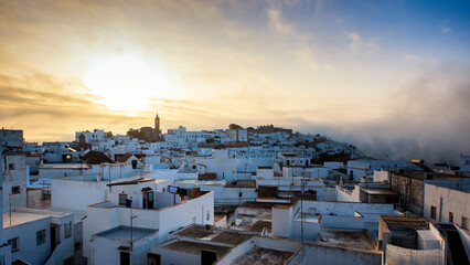 Beautiful Andalusian Pueblo Blanco (white village) at dawn. Vejer de la Frontera is one of the most beautiful Pueblos Blancos in Cádiz province, Andalusia, Spain.