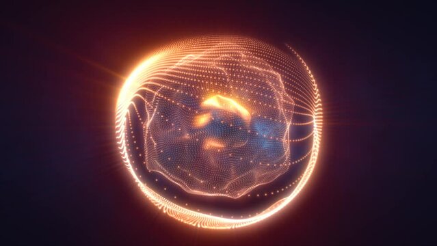 Abstract orange looped energy sphere from particles and waves of magical glowing on a dark background, video 4k, 60 fps