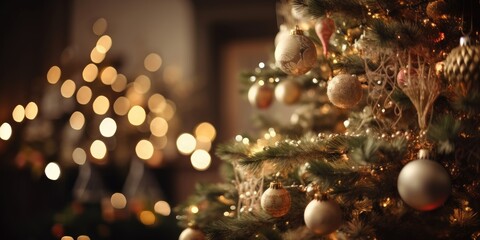 Obraz na płótnie Canvas Christmas background. Decorated Christmas tree on blurred background. generative ai