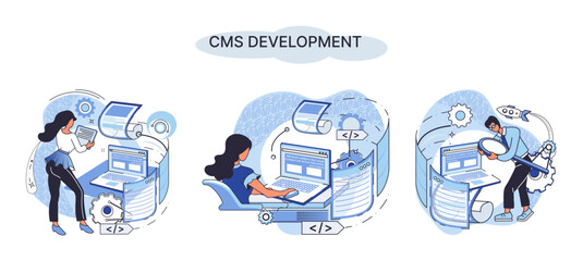 Digital content management system, CMS development software metaphor. Information system or computer program enable organize collaborative process of creating, editing and managing soft in network