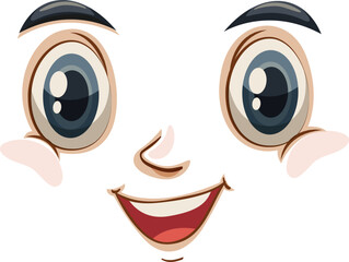 smilling face expression, set, pattern, happy, excited, with nose, teeth, eyes and eyebrows, vector eyes, blue eyes, gray eyebrows, cheeks, cute cartoon character design, drawing art
