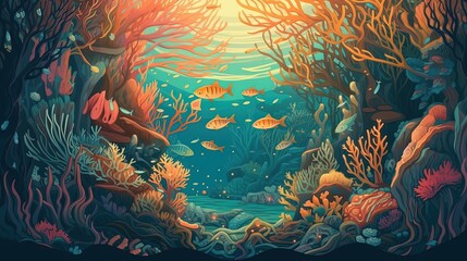 Fototapeta na wymiar illustration of dreamy deep sea aquarium with fancy fish swim inside, Generative Ai