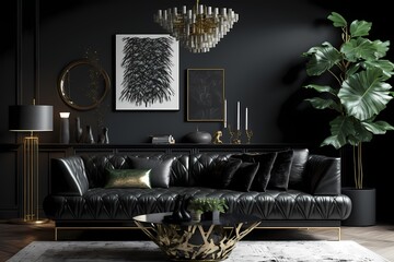 modern living room with leather sofa, black walls 