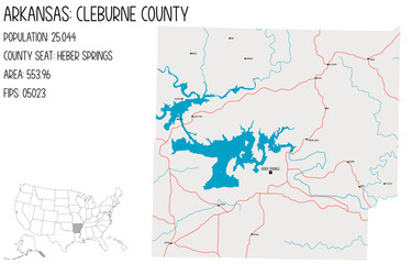 Large and detailed map of Cleburne County in Arkansas, USA.