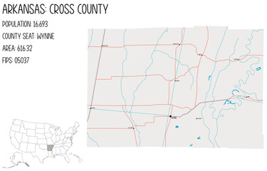 Large and detailed map of Cross County in Arkansas, USA.