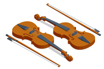 Fototapeta na wymiar Isometric violin with fiddlestick isolated on a white background. Classical stringed musical instrument. Brown violin and bow