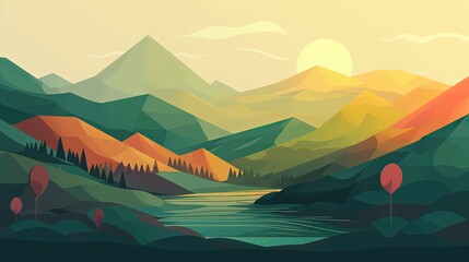minimalist flat design illustration of nature landscape mountain forest at sunset or sunrise time, Generative Ai