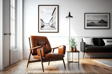 Modern mid century and minimalist interior of living room ,leather armchair with table on white wall and wood floor ,3d render 