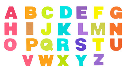 English alphabet letter uppercase "A-Z" Isolated on cutout PNG. Wooden jigsaw multicolor tangram puzzle as shape . English. it is universal language used in learning education for children.