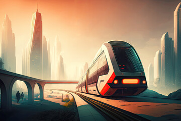 Naklejka na ściany i meble Riding tram in futuristic city district. Postproducted generative AI illustration.