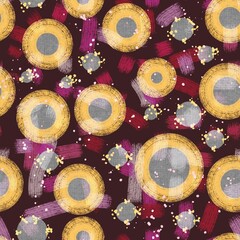 Seamless pattern of geometric elements with texture and brush strokes in yellow, gray and pink shades on a dark background for textile.