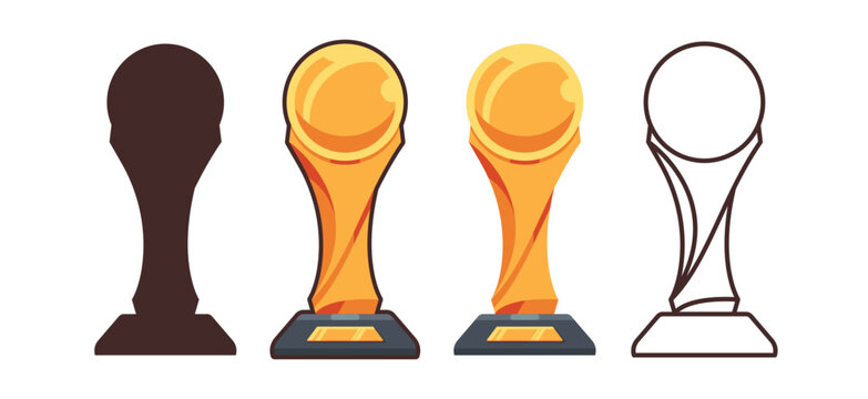 Golden trophy set vector illustration, collection trophy, silhouette and line art trophy, award icon