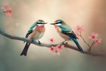 Obraz premium painting illustration style of two canary birds, bird, couple on cherry blossom branch in spring time, generative Ai