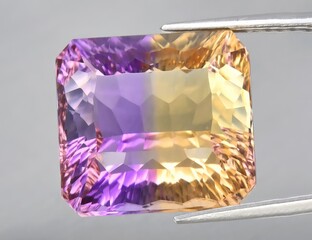 Natural gemstone yellow purple ametrine on a gray background. Purple variety of quartz