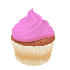 Cupcake with purple cream on white background, blackberry pancake oil paint style, digital paint. French food, France cuisine, casual food hand drawn digital illustration.