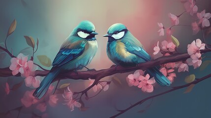 Obraz premium painting illustration style of two canary birds, bird, couple on cherry blossom branch in spring time, generative Ai