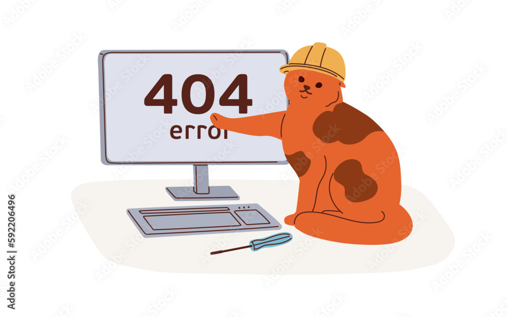 Aufkleber 404, web error, page not found mistake, website access failure. Wrong failed webpage design with cute funny cat. Loading trouble, problem. Flat graphic vector illustration isolated on white background
