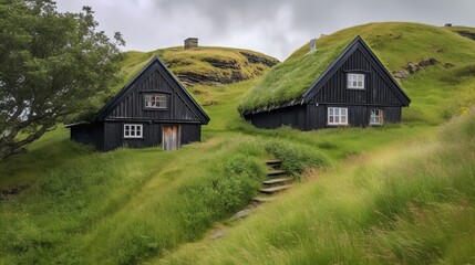 Fototapeta na wymiar grass roof cottage in rural countryside, Generative Ai