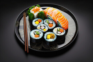 Sushi roll set on plate isolated on black background. Postproducted generative AI illustration.