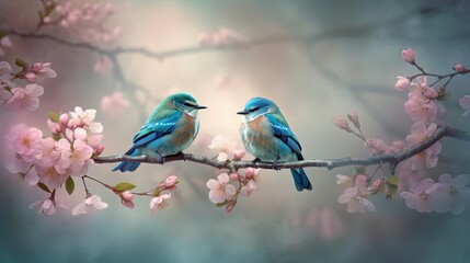 Obraz premium two canary birds, bird, couple on cherry blossom branch in spring time, generative Ai