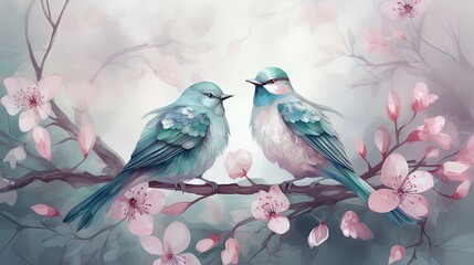 painting illustration style of two canary birds, bird, couple on cherry blossom branch in spring time, generative Ai