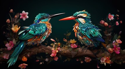 painting illustration style of two kingfisher birds, bird couple on tree branch with natural atmosphere, generative Ai