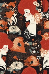 Fototapeta na wymiar Redhead women. Beautiful seamless pattern picture. Generative AI