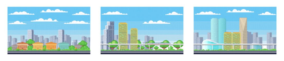 Pixel art landscape. Urban street view, 8 bit city park road, with background buildings and apartments in pixel art, pixel cityscape. Pixelated scene, pixelation gaming playing level, 8 bit city