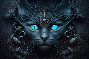 Head of black cat with blue eyes as fantasy character. Postproducted generative AI illustration.