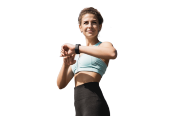 Woman uses fitness watch workout in sportswear, transparent background, png.