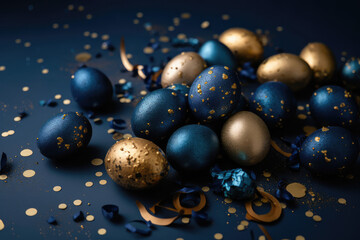 Fototapeta na wymiar a group of gold and blue easter eggs on a blue surface with confetti scattered around them on a dark blue background with gold dots, generative AI