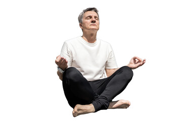 Retired man Yoga Meditation Balance and Harmony Lotus pose, Transparent background, png.