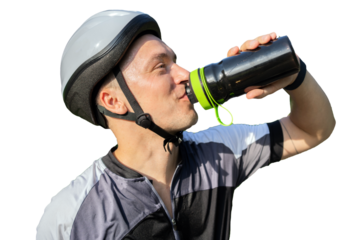 Athlete sweating thirsty tired wearing a helmet cyclist drinking water from a bottle, transparent background, png.