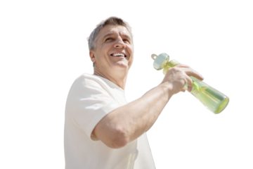 A male adult pensioner drinks water from a bottle, transparent background, png.