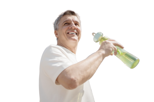 A male adult pensioner drinks water from a bottle, transparent background, png. - Powered by Adobe