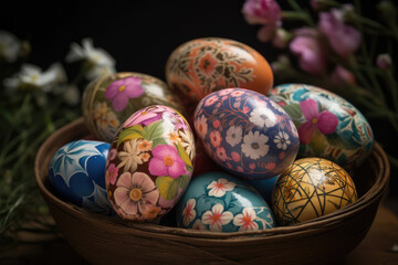 Fototapeta na wymiar Up Close and Personal with Beautifully Painted Easter Eggs in Floral Motifs