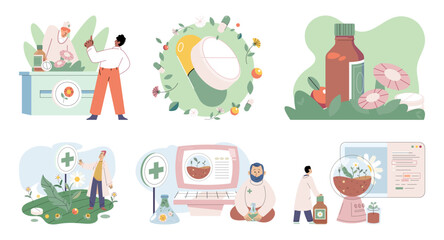 Homeopathy and herbal remedies set. Medical research laboratory diagnostics. Homeopathic treatment and phytotherapy. Traditional herb recipes of alternative medicine. Medicine pharmacy. Herbal pills