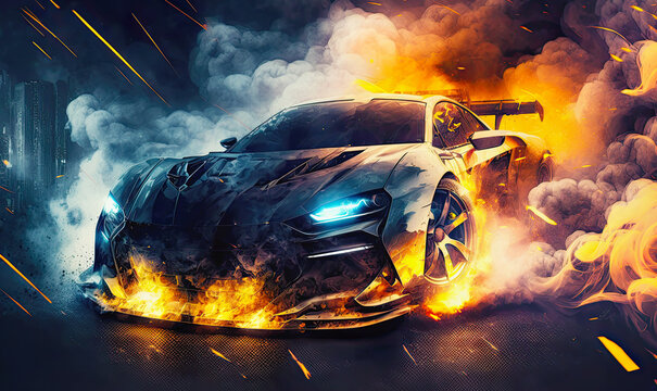 Sports car drifting at flames and smoke. Postproducted generative AI illustration.