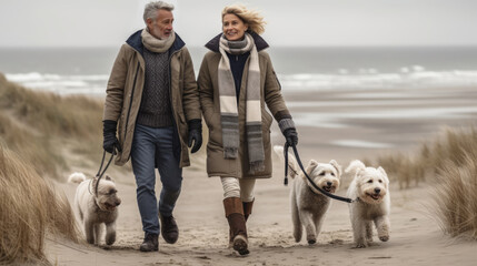 Beautiful old couple walking with their lovely dogs on the beach sand in winter. Generative AI