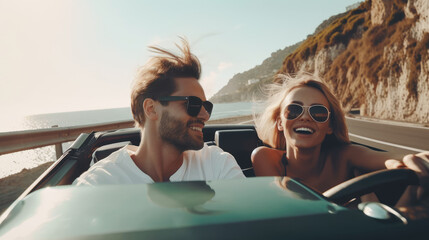 Beautiful young couple in love driving a convertible across a beach landscape. Generative AI - obrazy, fototapety, plakaty