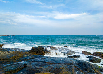 Beautiful tropical landscape on the ocean shore of Sri Lanka. Photography for tourism background,...
