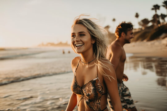 Beautiful attractive blonde woman having fun with her boyfriend in the beach. Generative AI